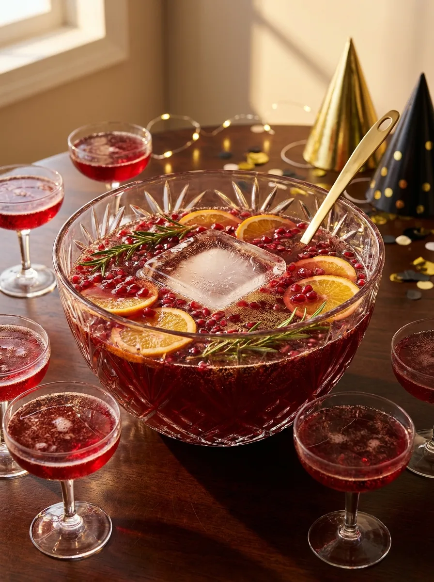 A punch bowl of ruby pomegranate champagne punch with pomegranate seeds, rosemary, and orange wheels.