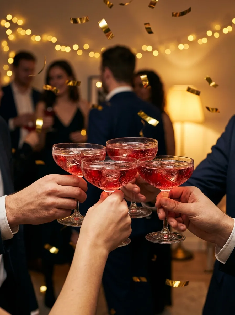 Coupes of pomegranate punch being lifted for a toast among gold confetti.