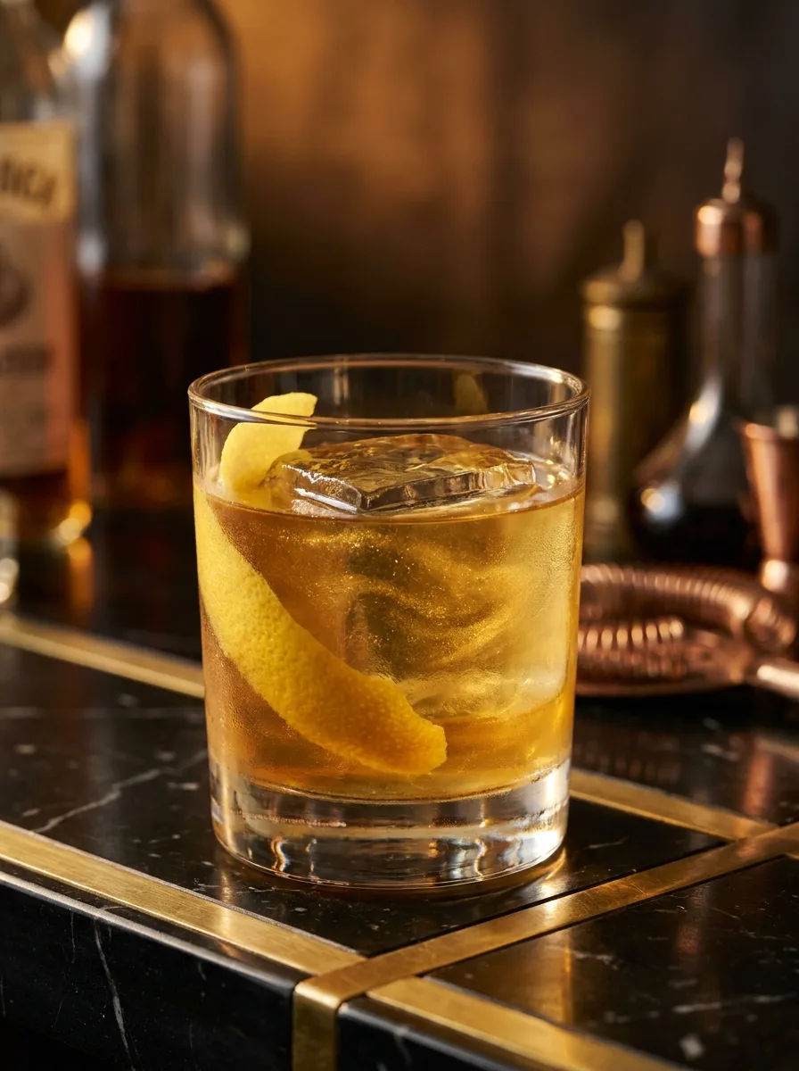 A gold rush cocktail in a rocks glass with a large ice cube and a lemon twist, dusted with edible gold shimmer.