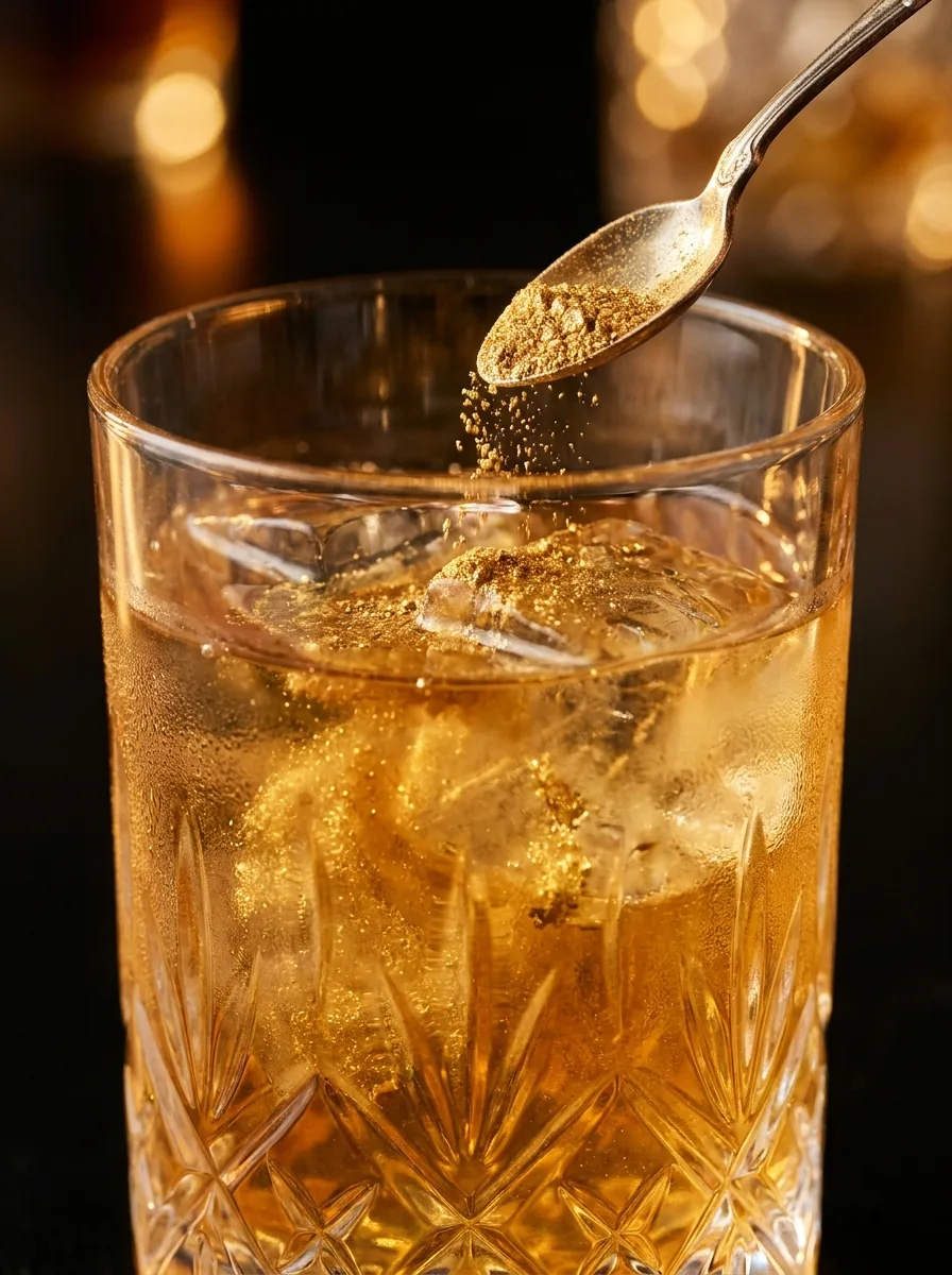 A spoon adding a pinch of edible gold luster dust to a cocktail.