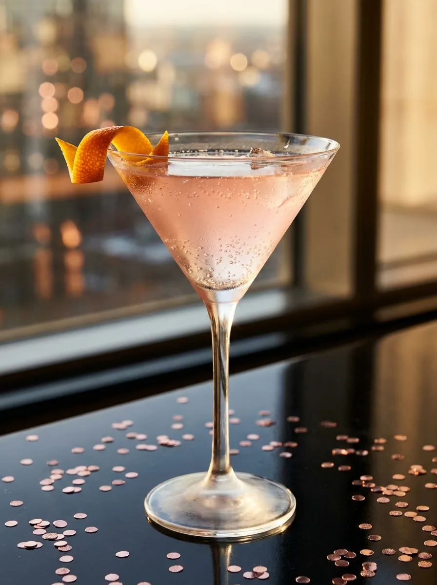 A pink sparkling cosmopolitan in a martini glass with an orange twist.