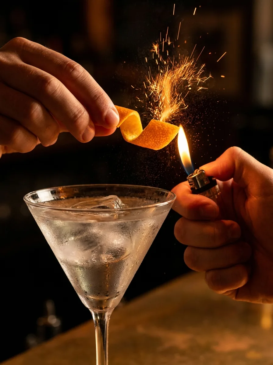 An orange peel being flamed over a cocktail glass with a lighter.