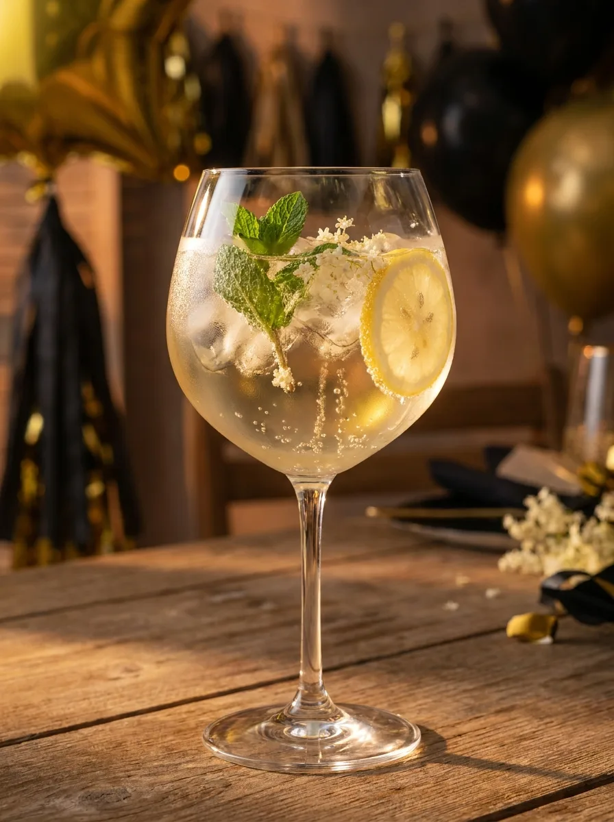An elderflower midnight spritz in a wine glass with ice, mint, and a lemon wheel.