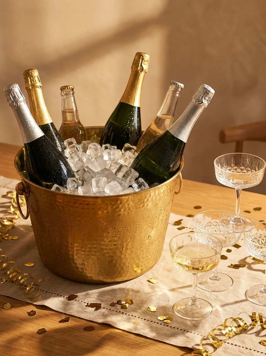 Bottles of sparkling wine and non-alcoholic sparkling wine chilling in an ice bucket.