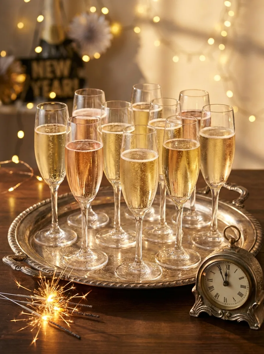 A countdown drinks table with trays of filled flutes ready at midnight.