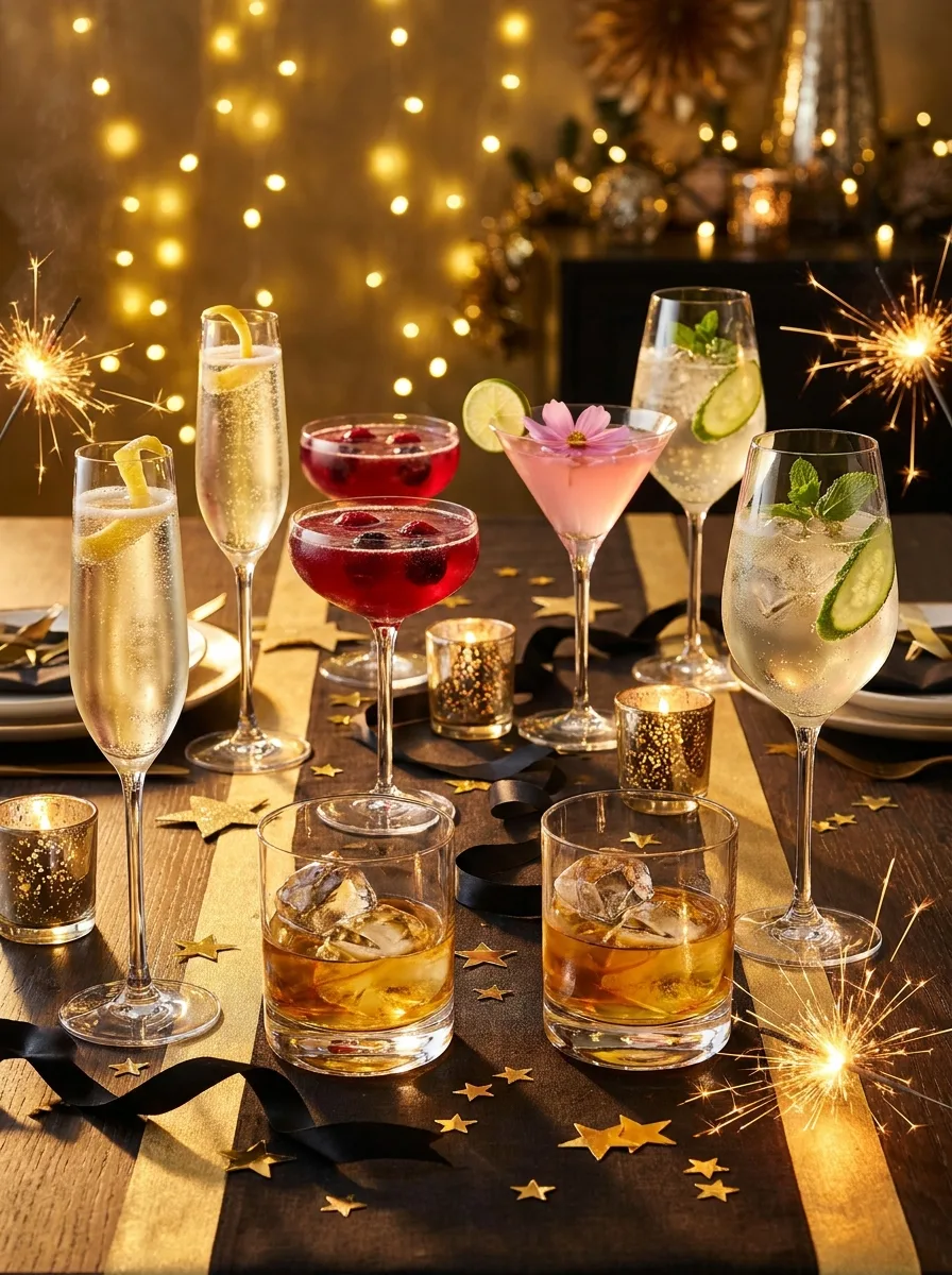 All five New Year's Eve cocktails and their mocktail twins on a black and gold table.