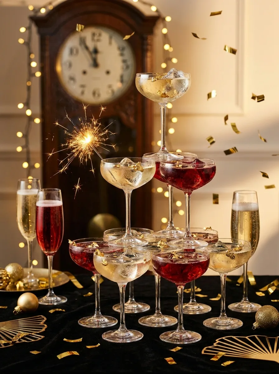 Champagne coupes of New Year's Eve cocktails on a gold-and-black party table with confetti, sparklers, and a clock showing nearly midnight.