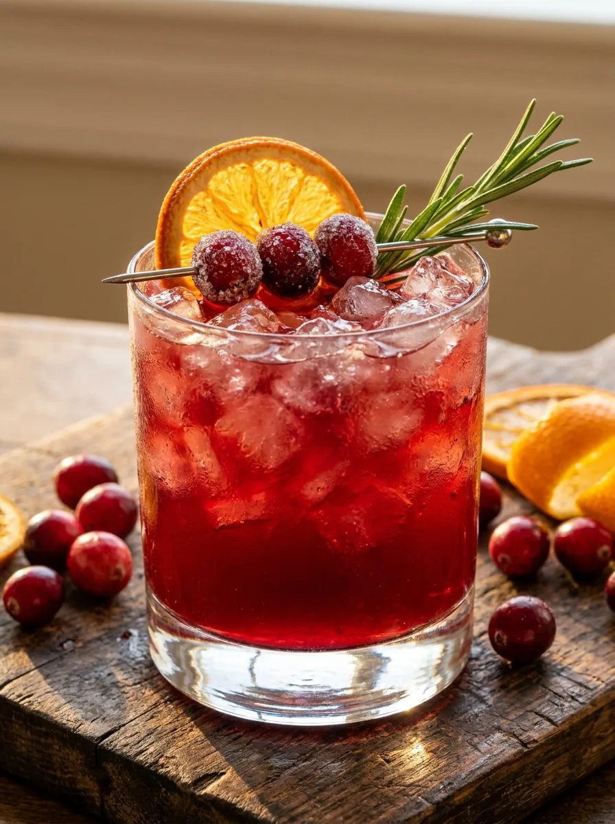 A cranberry orange bourbon smash over crushed ice with an orange wheel and sugared cranberries.
