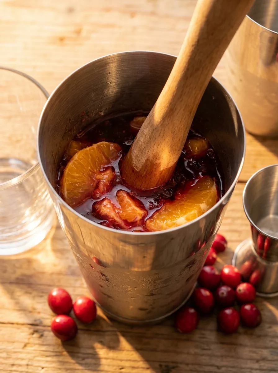 Orange wedges being muddled with cranberry syrup in a shaker tin.