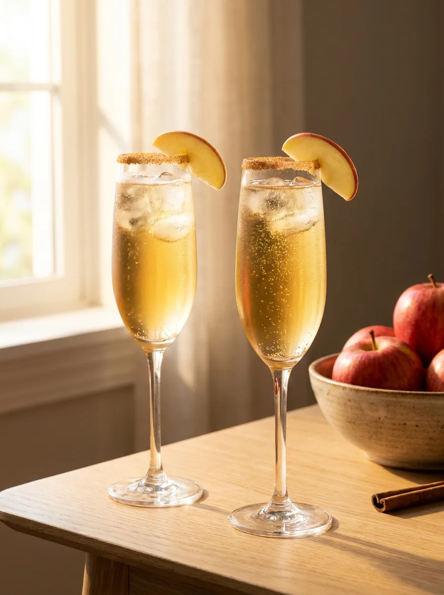 Two apple cider mimosas in flutes with cinnamon sugar rims and thin apple slices.