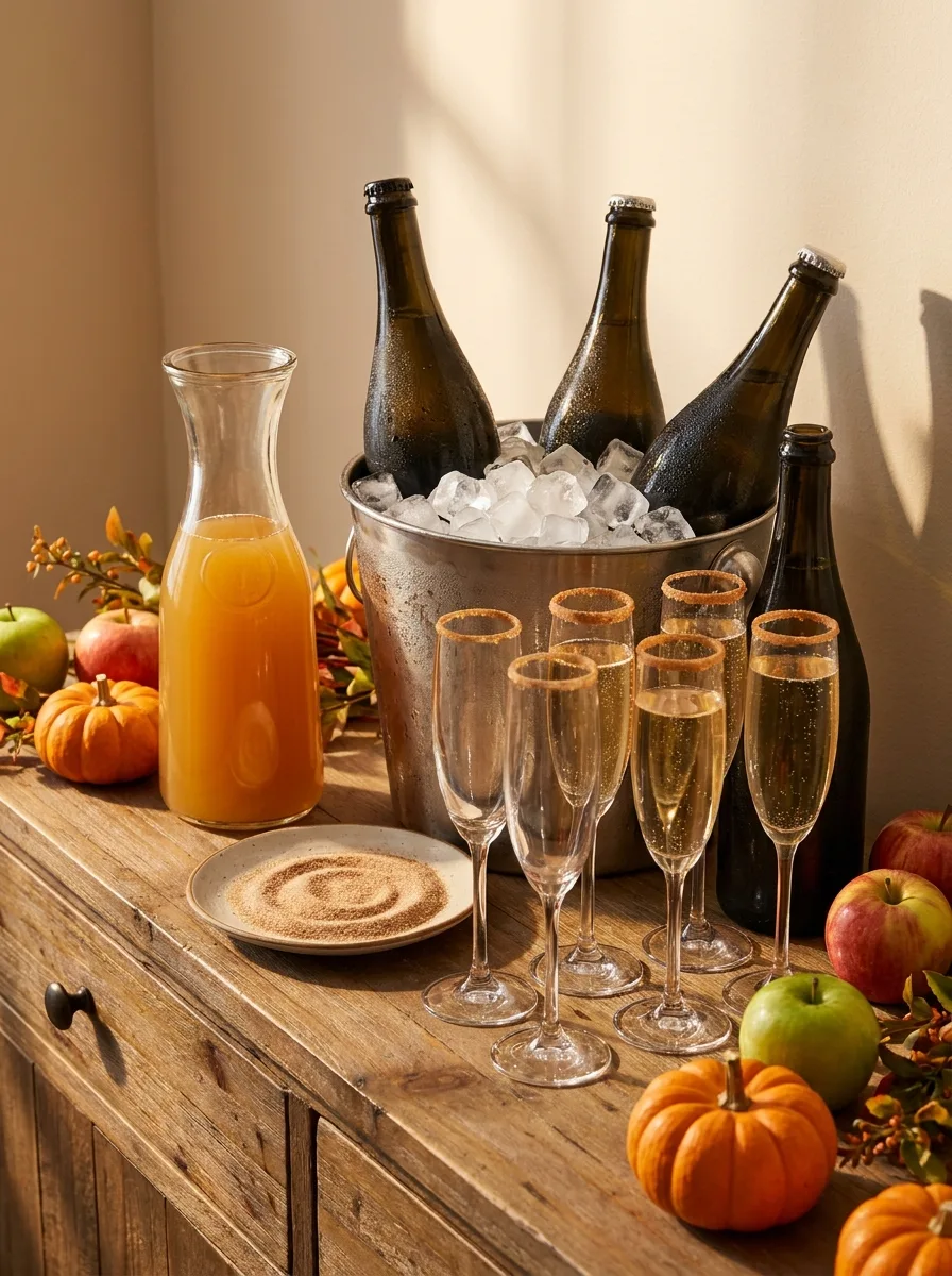 A brunch spread with a mimosa bar of apple cider, sparkling wine, and sparkling cider bottles without labels.