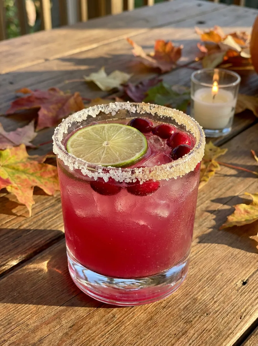 A cranberry margarita in a rocks glass with a salt and sugar rim and a lime wheel.