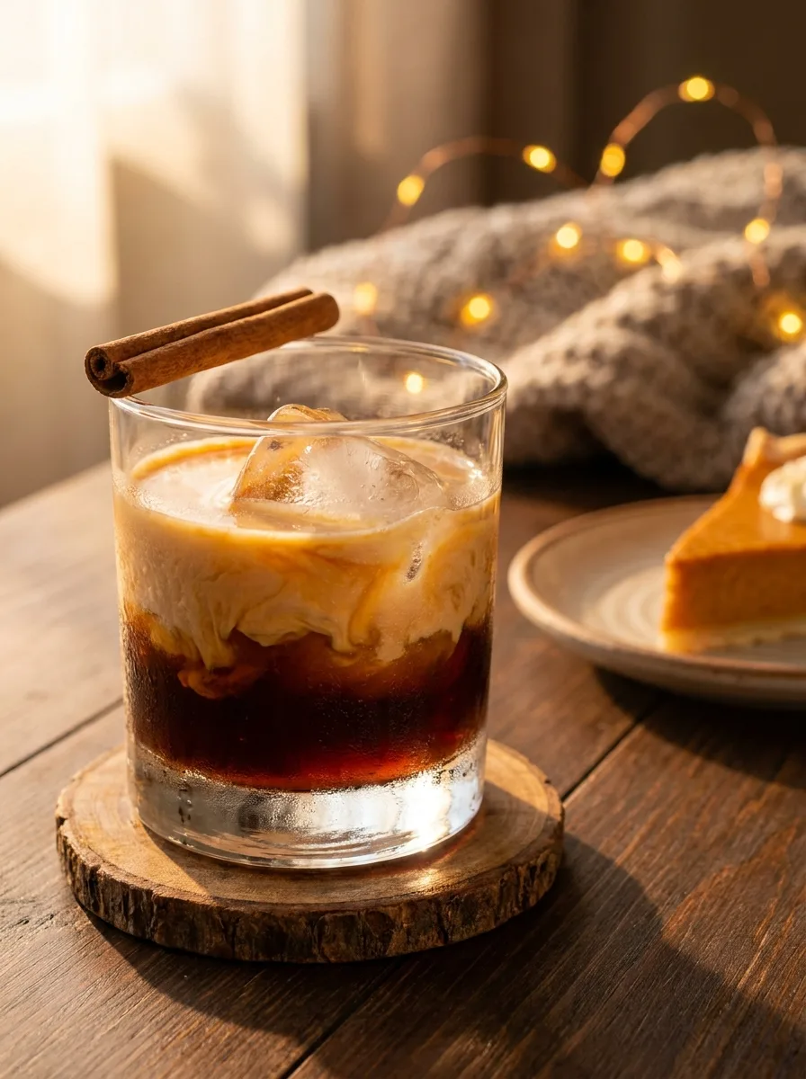 A pumpkin spice white russian in a rocks glass with a cream swirl and cinnamon stick.