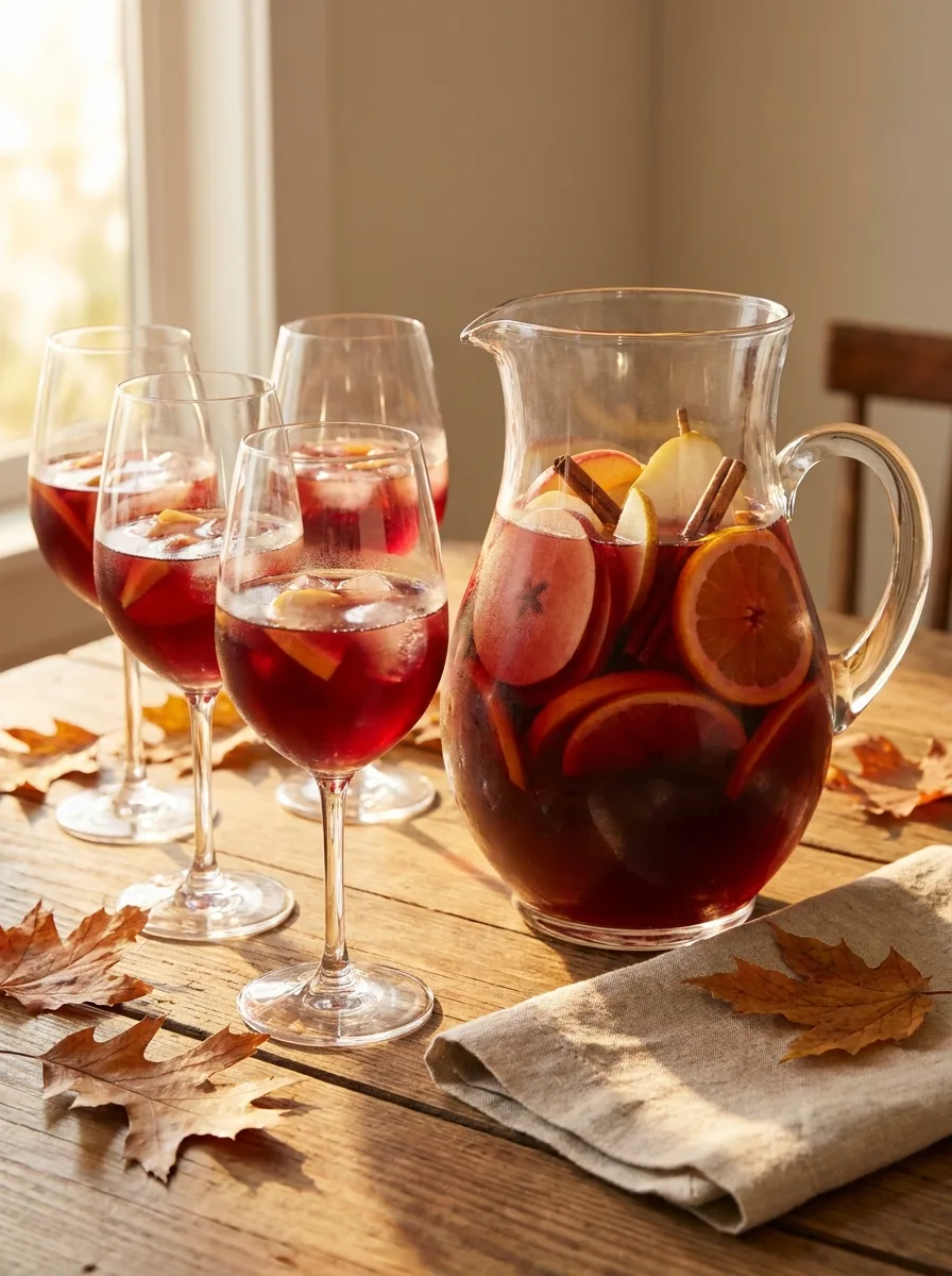 A large glass pitcher of harvest sangria with sliced apples, pears, oranges, and cinnamon sticks.