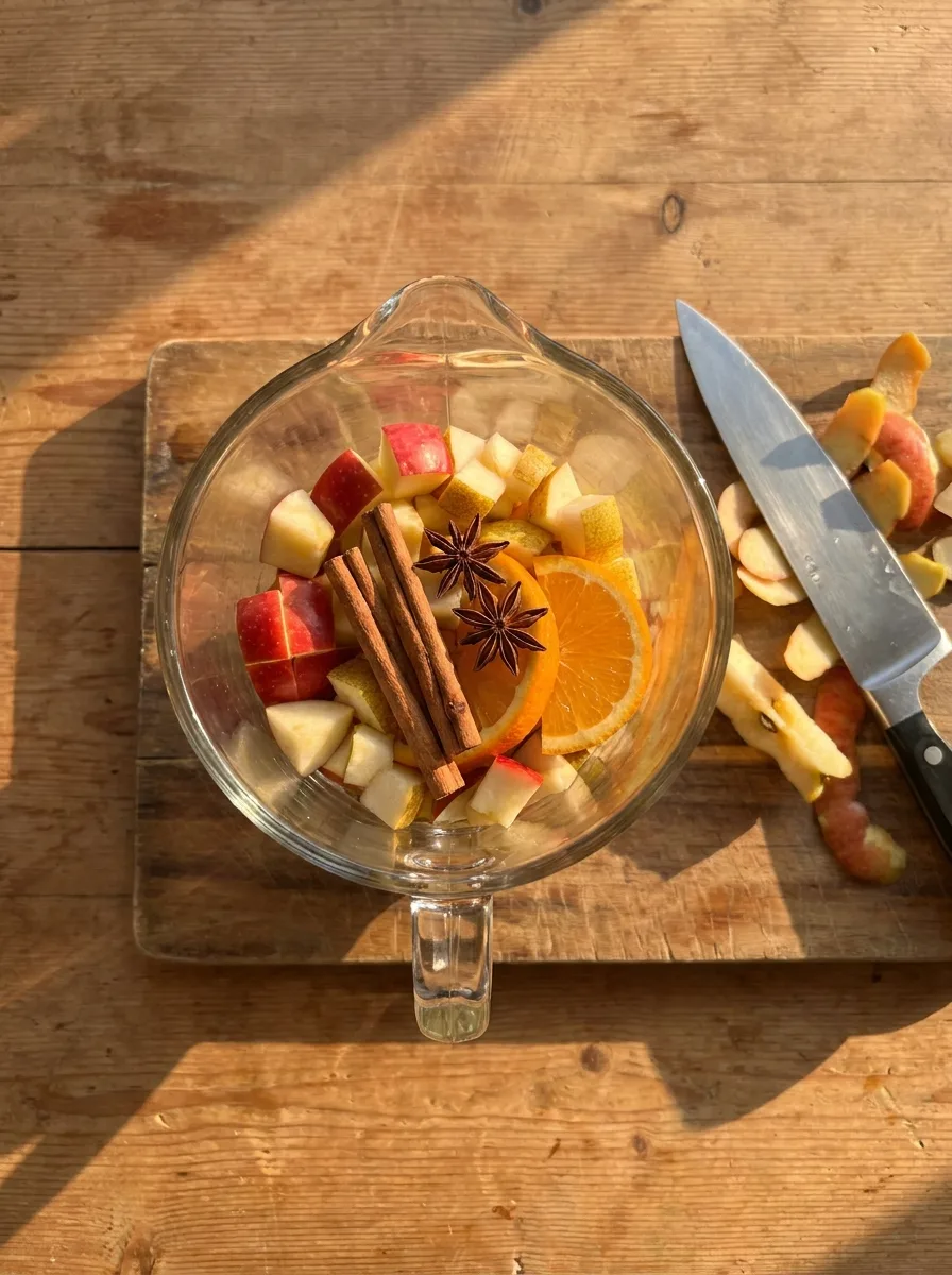 Chopped apples, pears, and orange slices in a pitcher before the wine is added.