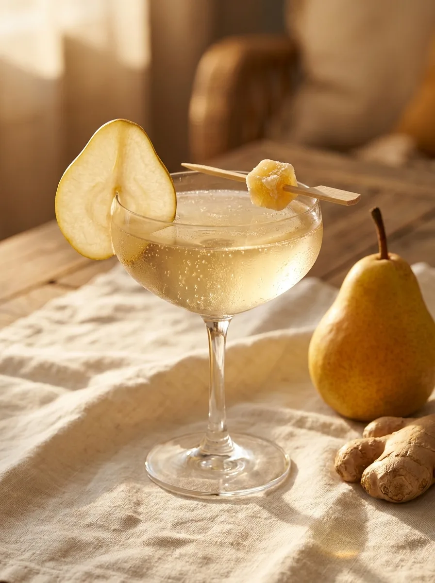 A pear ginger sparkler in a coupe with a thin pear slice and candied ginger.