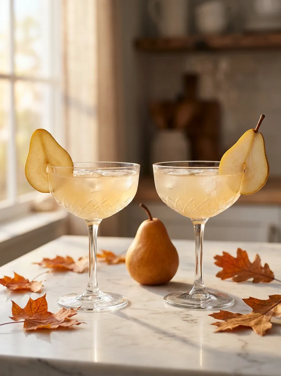 Two pear ginger drinks side by side, one sparkling wine version and one soda version.