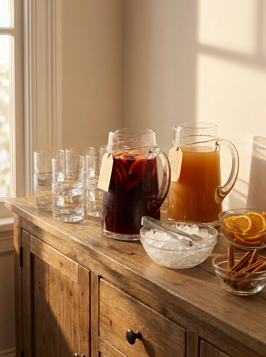 A self-serve Thanksgiving drink station with a sangria pitcher, a punch of cider, glasses, and garnishes.