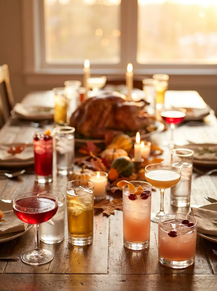 A Thanksgiving dinner table with drinks at every place setting, candles, and a roast turkey in the background.