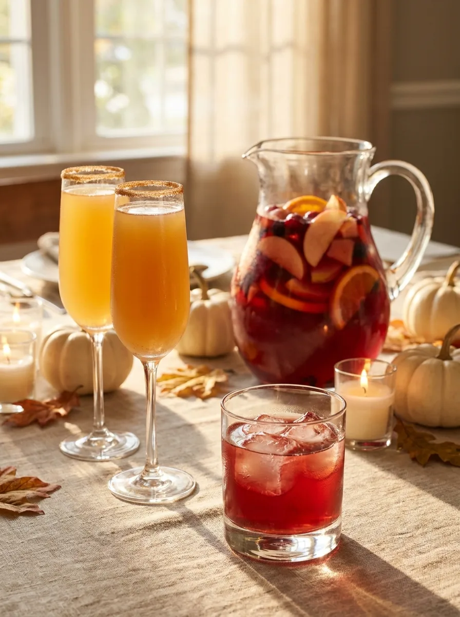 A Thanksgiving table set with cranberry bourbon smashes, apple cider mimosas, and a pitcher of harvest sangria among pumpkins and autumn leaves.
